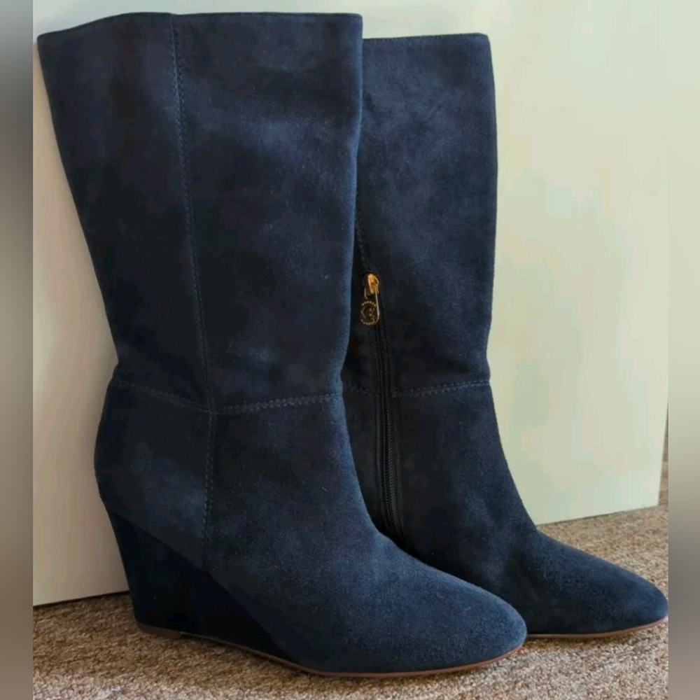 Gorgeous Blue Suede Boots 8 1/2 Covered Wedge Heel